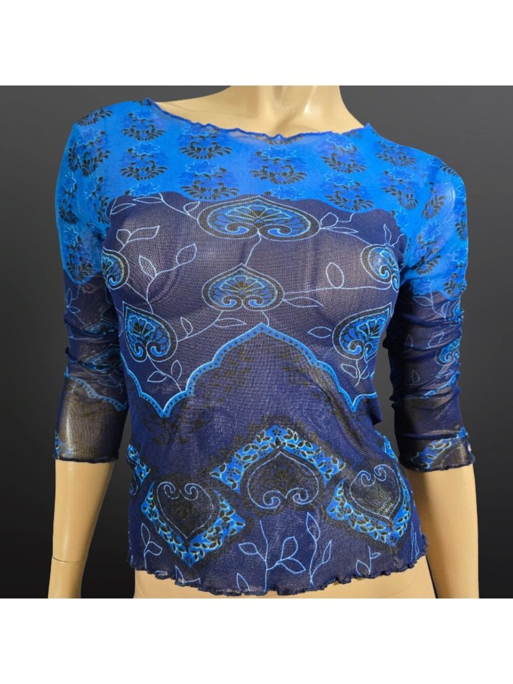 Vintage 90s Point Zero Blue Printed Mesh Top Size m Boho Fairy Grunge Sheer